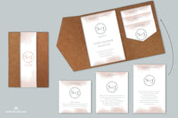 Pocketfold-Karte Kraftpapier Einladung zur Hochzeit Aquarell Rosé Gold-Folienveredelung mit Einsteckkarte und Banderole