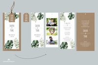 Trio-Fächer-Karte Einladungskarte zur Hochzeit. Bestehend aus vier Fächerkarten und einem Anhänger aus Kraftpapier. Motiv Monstera grüne Farn-Blätter