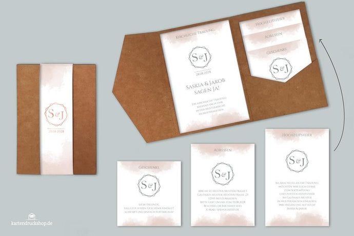 Pocketfold - Einladung - Hochzeit - Aquarell-Rosé-Hexagon - Kraftpapier