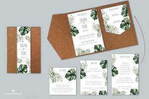 Hochzeitskarte Pocketfold Monstera aus Kraftpapier mit weißen Einsteckblättern