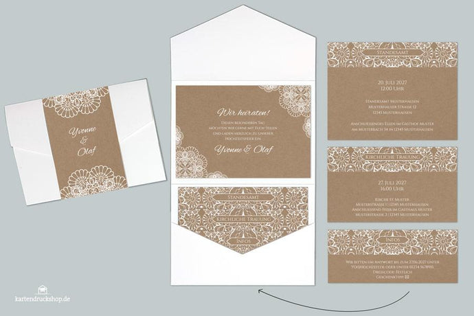 Hochzeitkarte - Pocketfold - Spitze - Kraftpapier